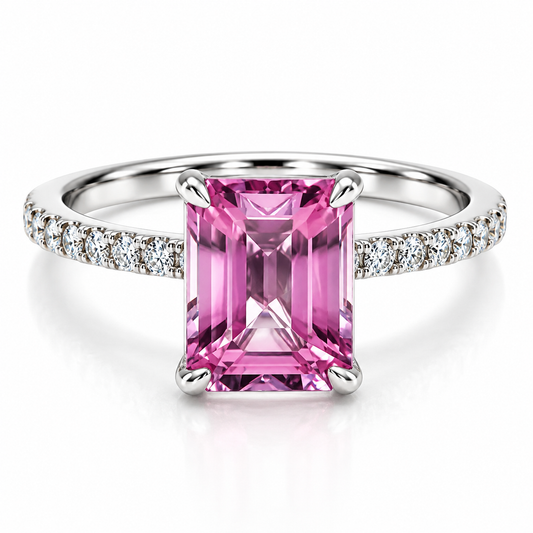 Anillo de compromiso en oro blanco de 14 Kilates, con diamantes naturales y piedra rosa semipreciosa | 14JC249101LQ