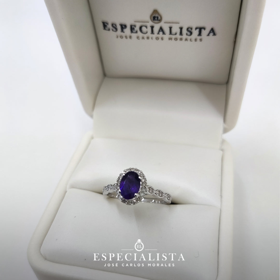 Anillo de compromiso en oro blanco de 14 Kilates, con diamantes naturales y Amatista | 14JC259730LQ
