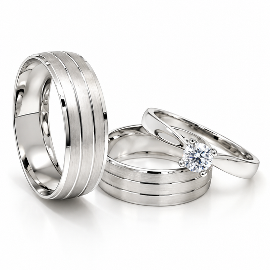 Trio Matrimonial en Oro Blanco, Argollas en 10 kilates y anillo de compromiso en 14 kilates | 18D17B-6LQ + 11ZB187LQ