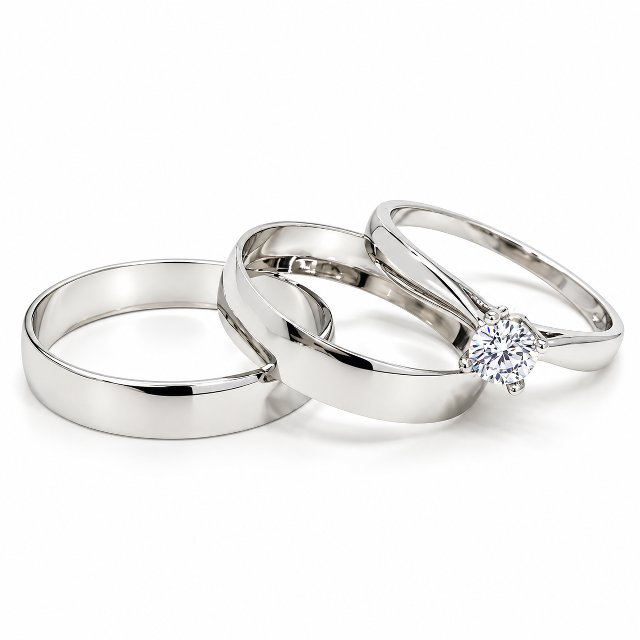 18D18B-4LQ + 11ZB187LQ Trio Matrimonial en Oro Blanco, Argollas en 10 kilates y anillo de compromiso en 14 kilates