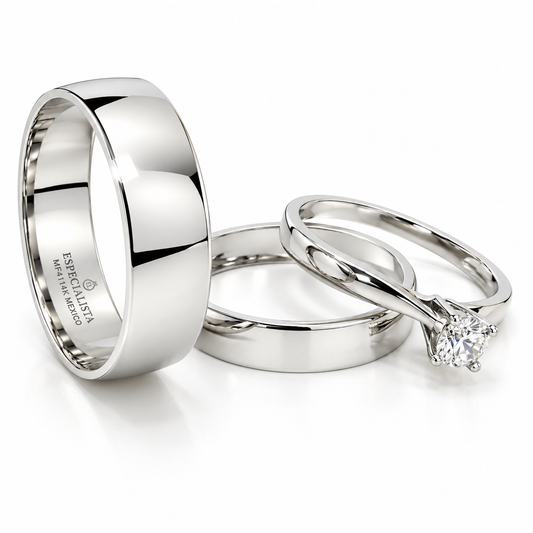 Trio Matrimonial en Oro Blanco, Argollas en 10 kilates y anillo de compromiso en 14 kilates | 18D18B-64LQ + 11ZB187LQ