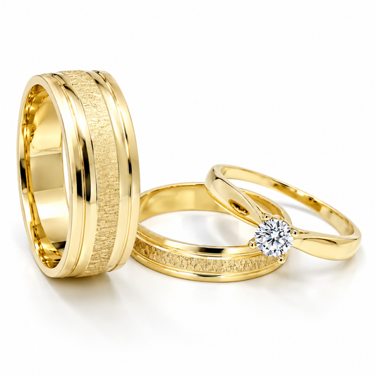 18D19-64LQ + 11ZA187LQ Trio matrimonial en oro amarillo, argollas en 10kts y anillo de compromiso en 14kts