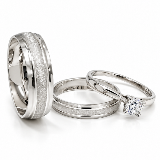 Trio Matrimonial, argollas en 10 kilates y anillo de compromiso en 14 kilates | 18D19B-64LQ + 11ZB187LQ