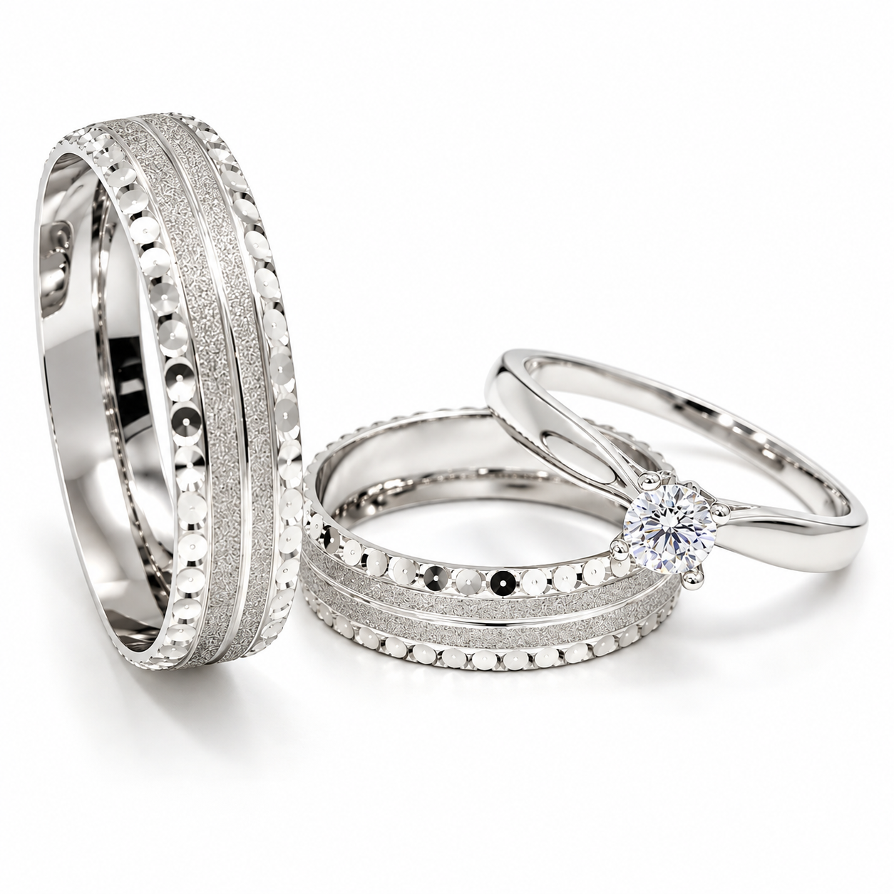 18D21BLQ + 11ZB187LQ Trio Matrimonial en Oro Blanco, Argollas en 10 kilates y anillo de compromiso en 14 kilates