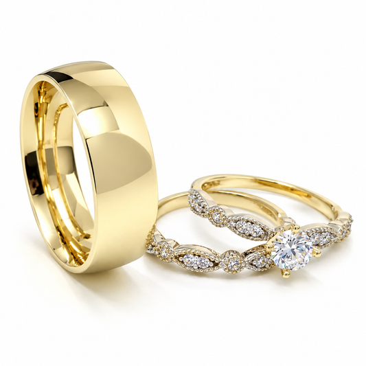 19A110-6LQ+23CHA599LQ+11ZA599LQ Trio matrimonial en oro amarillo de 14 kilates