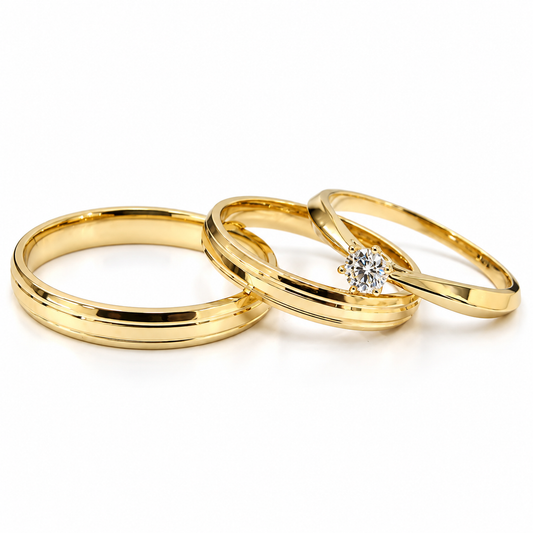 19B6-3LQ + 11ZA188LQ Trio matrimonial en oro amarillo de 14 kilates