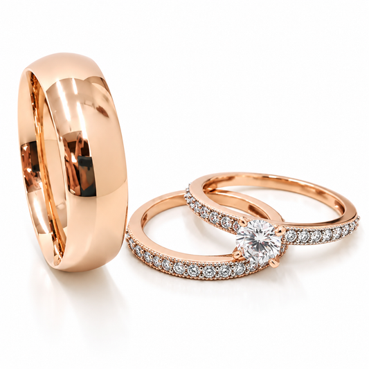 Trio Matrimonial en Oro Rosa de 14 kilates | 19R110-5LQ + 23CHR539LQ + 11ZR539LQ