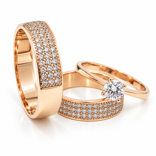 Trio Matrimonial en Oro Rosa de 14 kilates | 19R48LQ + 11ZR3550LQ