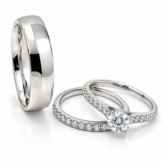 Trio Matrimonial en Oro Blanco de 14 kilates | 20B110-4LQ + 14JC131242LQ