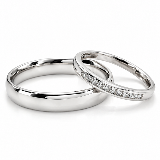 20B110-4LQ + 22CHB190172LQ Set de Argolla de Matrimonio en oro de 10 ó 14 kilates y Churumbela en oro blanco de 14 Kilates con Diamantes naturales.