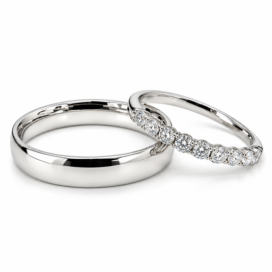 20B110-4LQ + 23CHB4746LQ-2 Set de argolla de matrimonio tradicional con churumbela en oro blanco de 14 kilates