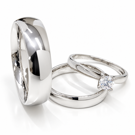 Trio Matrimonial en oro blanco de 14 kilates | 20B110-64LQ + 11ZB187LQ