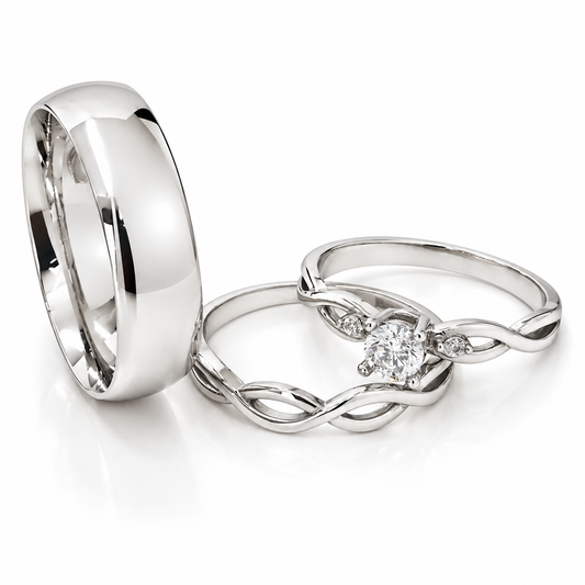 Trio Matrimonial en oro blanco de 14 kilates | 20B110-6LQ + 23CHB196LQ + 11ZB631LQ