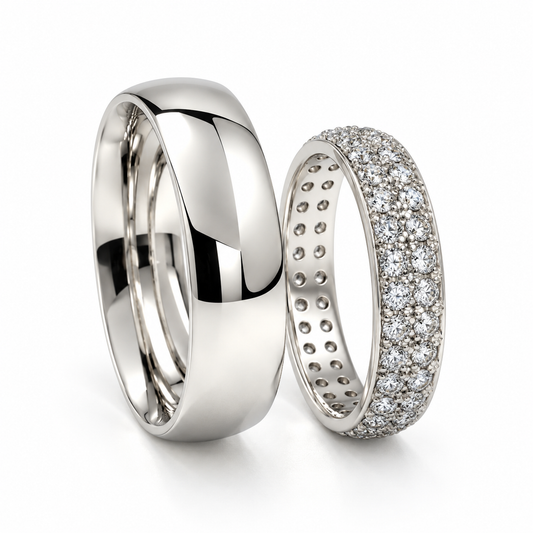 Set de argolla de matrimonio tradicional con churumbela en oro blanco de 14 kilates | 20B110-6LQ + 23CHB320LQ