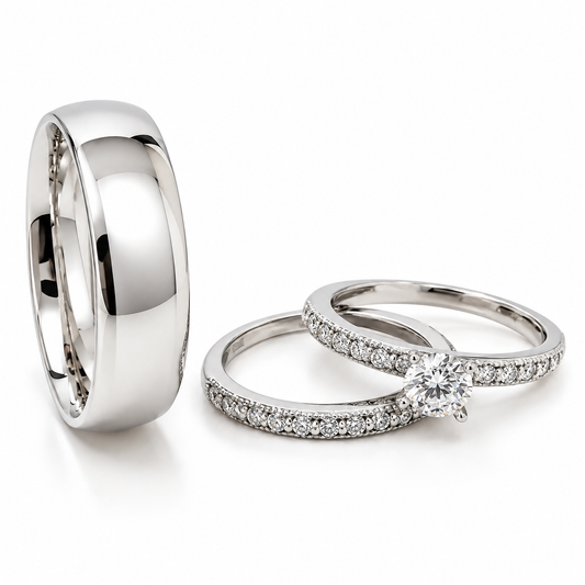 20B110-6 + + Trio Matrimonial en Oro Blanco de 14 kilates | 23CHB539LQ + 11ZB539LQ