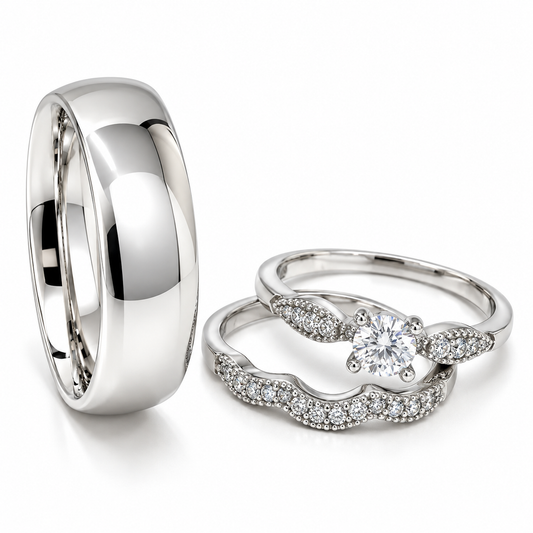 Trio Matrimonial en oro blanco de 14 kilates | 20B110-6LQ + 23CHB639LQ + 11ZB639LQ