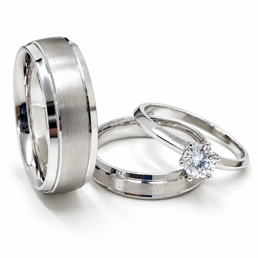 Trio Matrimonial en oro blanco de 14 kilates | 20B5V-64LQ + 11ZB528LQ