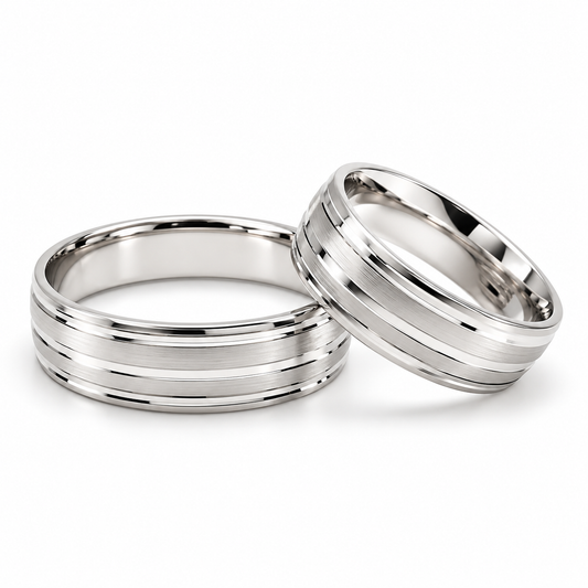Argollas de matrimonio en oro blanco con líneas y acabado mate | 20B69LQ