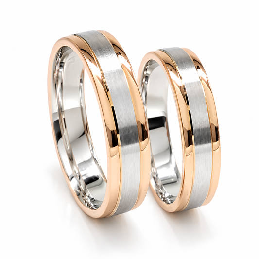 Argollas de matrimonio en oro blanco y rosa con centro mate | 21B53R-4LQ