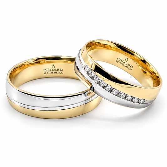 Argollas de matrimonio en oro combinado con piedras y doble línea | 21C192AB-5LQ