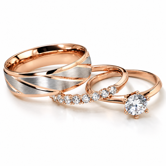 Trio Matrimonial en oro rosa de 14 kilates | 21C62RLQ + 23CHR4746LQ-2 + 11ZR528LQ