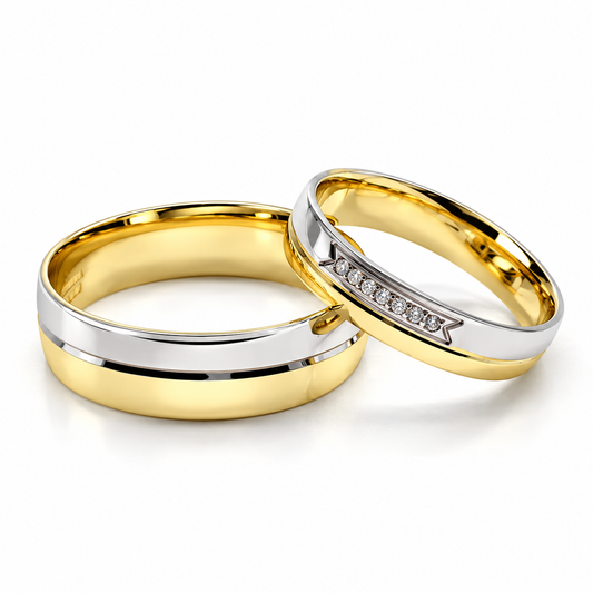 Argollas de matrimonio en oro combinado con línea curva y circonias | 21C9LQ