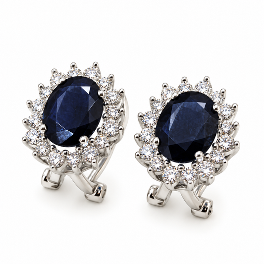 Aretes ovalados con zafiros y diamantes naturales en oro blanco de 14K | 30JC183449LQ