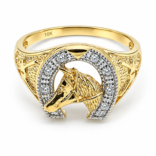 30JC27LQ Anillo para Caballero con herradura y caballo en oro de 10 Kilates.