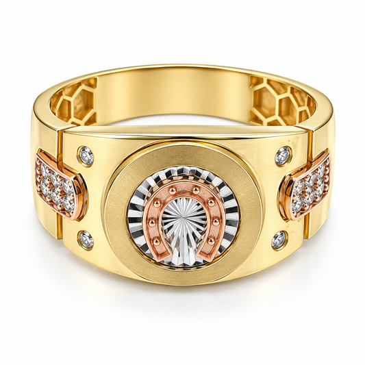 30JC54LQ Anillo para Caballero con imagen de herradura en oro florentino de 10 Kilates.