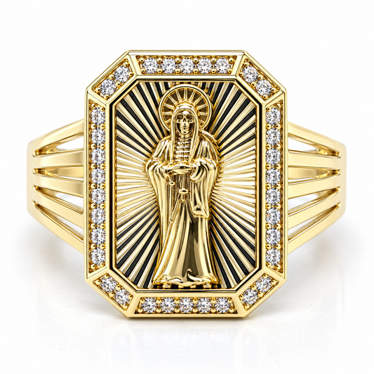 30JC65LQ Anillo dorado de Santa Muerte con circonias en oro de 10 Kilates