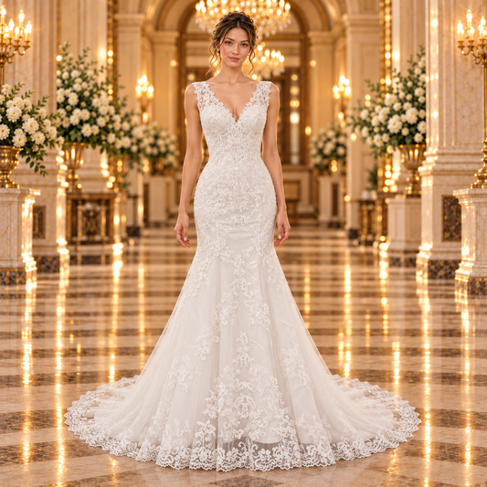 Vestido de novia 51AS011463-6LQ corte sirena en color ivory, vista frontal en modelo en lobby de hotel.