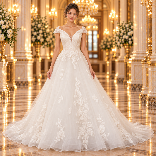 Vestido de novia 51AS8863-BLQ corte princesa en color ivory, vista frontal en modelo en lobby de hotel.