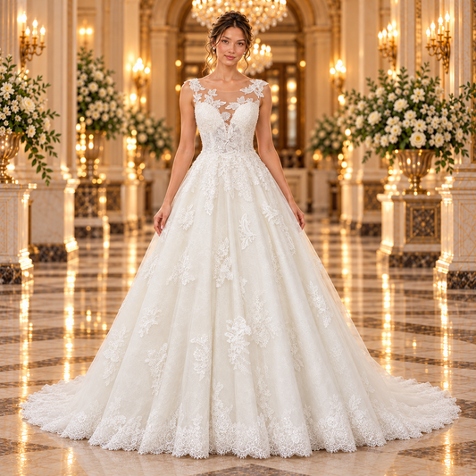 Vestido de novia 51BBCASEYLQ corte princesa en color ivory, vista frontal con escote ilusión y encaje floral en lobby de hotel.