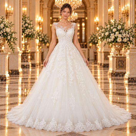 Vestido de novia 51BBCJ18LQ corte princesa en color ivory, vista frontal con escote ilusión y encaje en lobby de hotel.