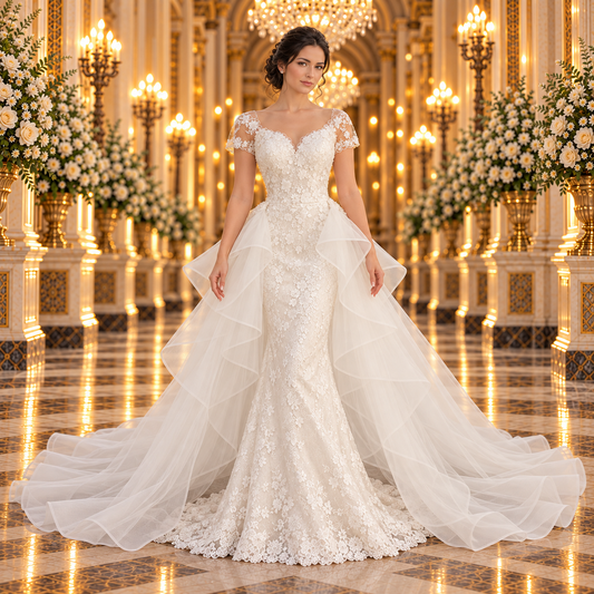 Vista frontal del vestido de novia 51BBCK15LQ corte sirena en ivory, con encaje floral, mangas cortas y faldón separable con volantes, en un lobby de hotel.