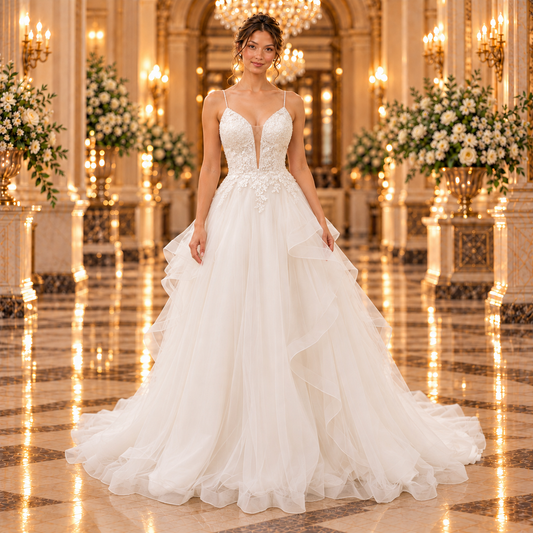 Vestido de novia 51BBCM05LQ corte princesa en color ivory, vista frontal completa con modelo en lobby de hotel.