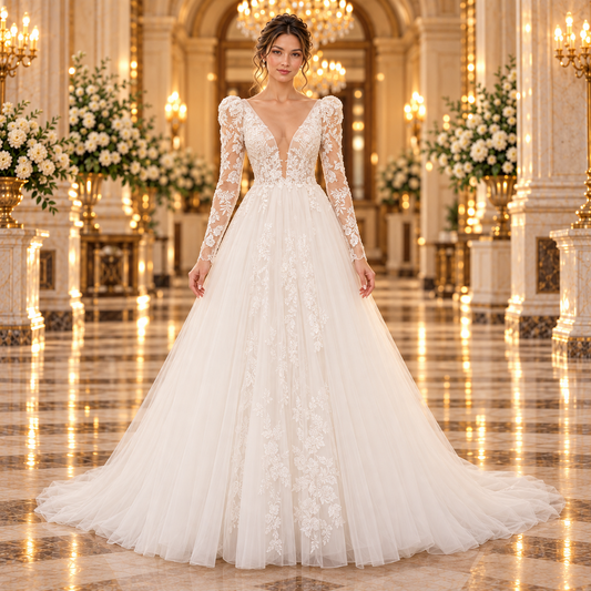 Vestido de novia 51BBCM12LQ corte princesa en color ivory, vista frontal con mangas largas de encaje en lobby de hotel.