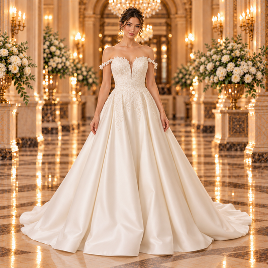 Vestido de novia 51BBELIALQ corte princesa en color ivory, vista frontal completa con modelo en lobby de hotel.