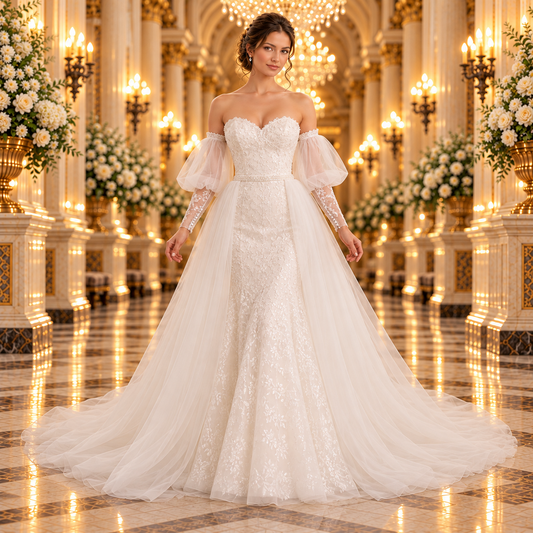 Vista frontal del vestido de novia Francia 51BBFRANCIALQ corte sirena en ivory, con mangas abullonadas y sobrefalda de tul, en un elegante lobby de hotel.