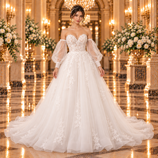 Vestido de novia 51BDD14LQ corte princesa color ivory, vista frontal con mangas de tul abullonadas en lobby de hotel.