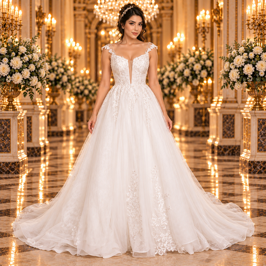 Vestido de novia 51BDD15LQ corte princesa color ivory, vista frontal con escote en V y mangas tipo casquillo en lobby de hotel.