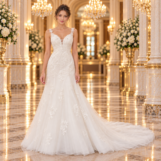 Vestido de novia corte línea A Ivory 51EH1641238LQ: vista frontal completa en lobby de hotel