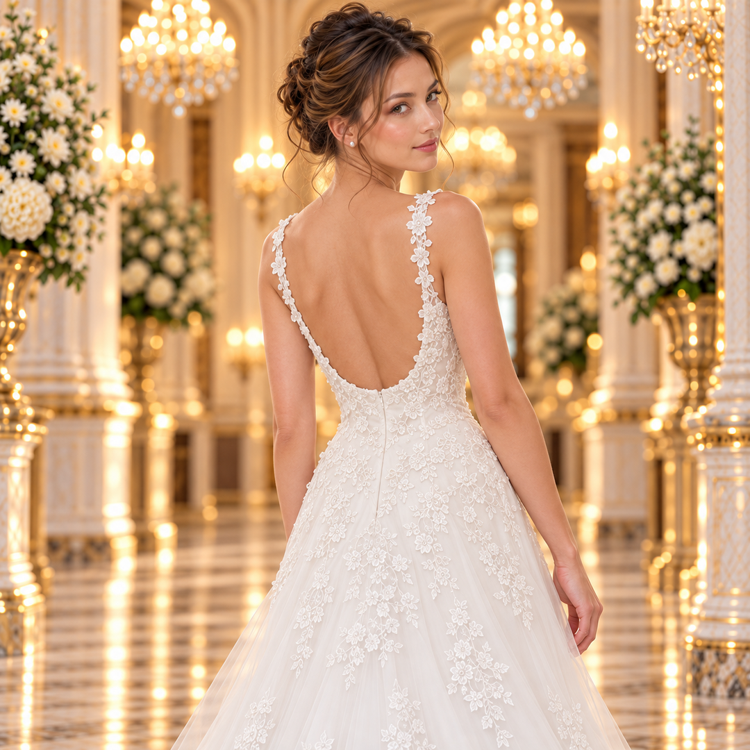 Vestido de novia Ivory 51EH1641238LQ: detalle de espalda abierta y aplicaciones florales