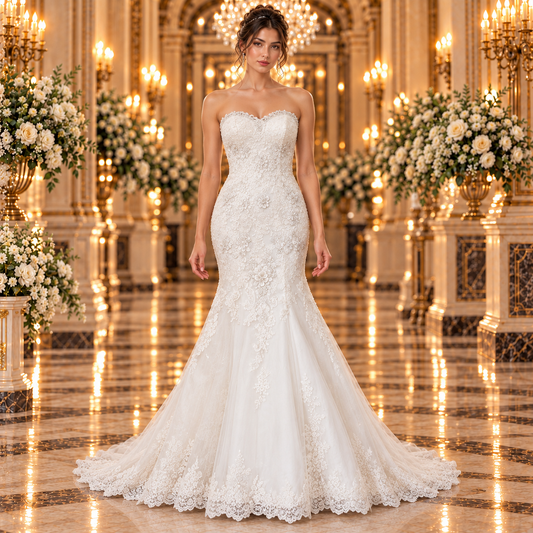 Vestido de novia 51EN686-BLQ color ivory, vista frontal sin tirantes con encaje floral, sobre modelo en lobby de hotel.