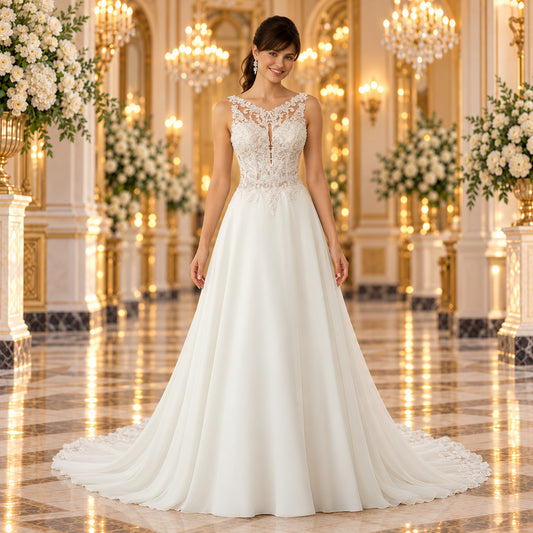 Vista frontal del vestido de novia Mori Lee Romilda 51ML2074LQ, corte línea A color Ivory, en un elegante lobby de hotel