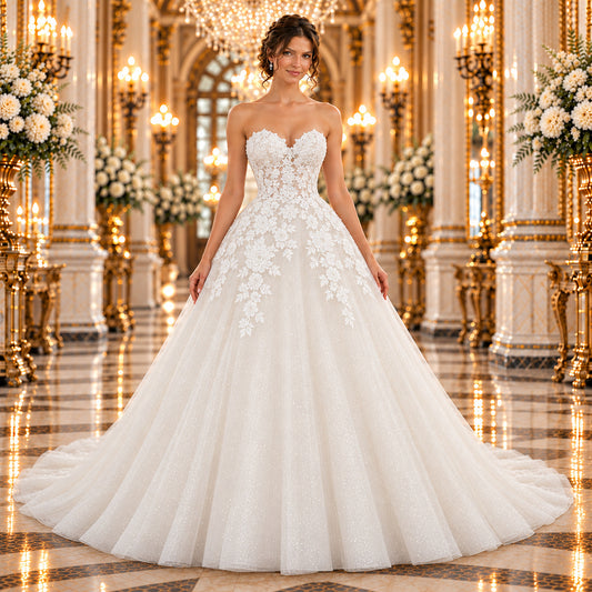 Vestido de novia Romana 51ML2087LQ corte princesa en ivory, vista frontal en elegante lobby de hotel