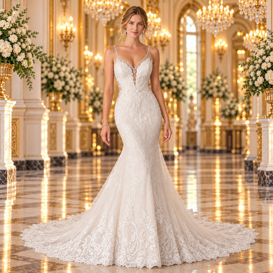 Vista frontal del vestido de novia Mori Lee Sofía 51ML2139LQ, corte sirena color Ivory, en un elegante lobby de hotel