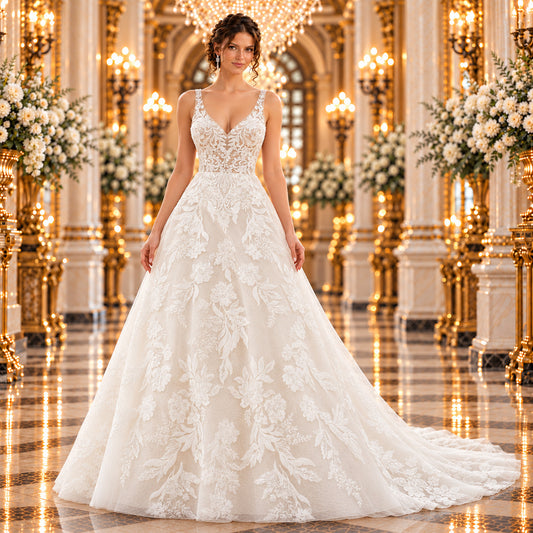 Vestido de novia Mori Lee Felicia 51ML2466LQ en ivory, vista frontal completa con modelo en elegante lobby de hotel
