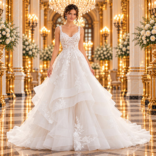 Vestido de novia Mori Lee Faustina 51ML2470LQ corte princesa en ivory, vista frontal completa en lobby de hotel