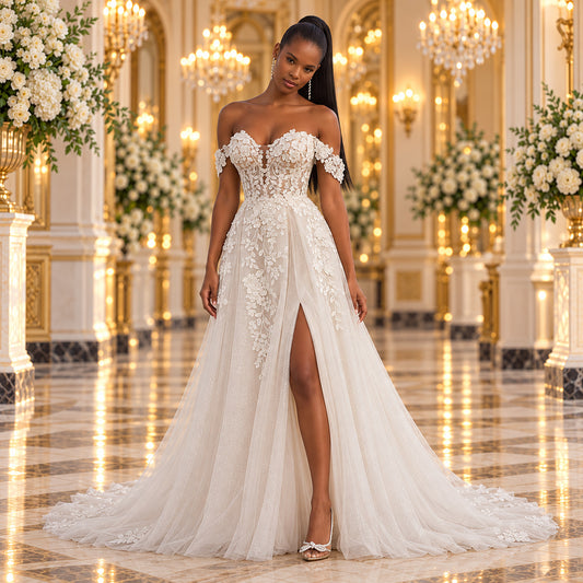 Vista frontal del vestido de novia Mori Lee Magnolia 51ML2550LQ, corte línea A color Ivory, en un elegante lobby de hotel